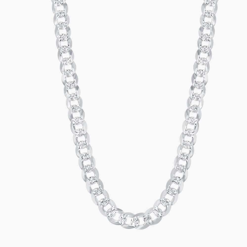 Sterling Silver 7.3mm Flat Pave Cuban Chain - Rhodium Plated